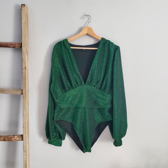 SHEIN Curve Bishop Sleeve Deep V Sparkle Bodysuit Green 2XL - Picture 1 of 8
